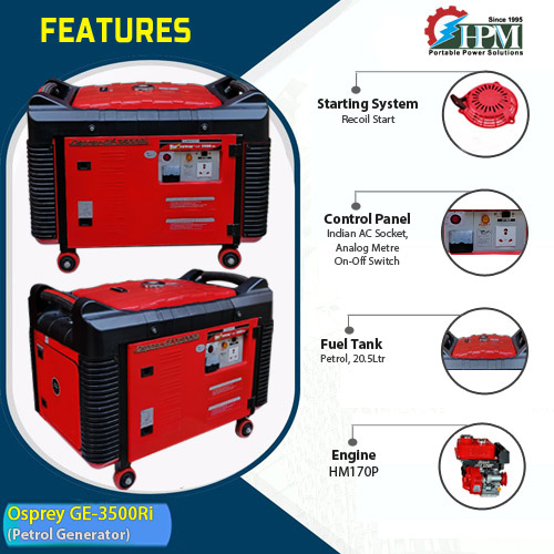3.5 KVA Portable Generator, Model Osprey GE-3500Ri, Petrol Run, Recoil Start